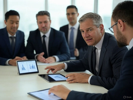 Business executives analyzing AI pricing tools on tablets in a meeting.