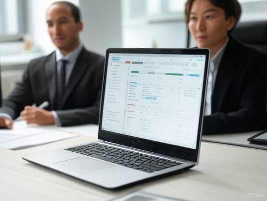 Business professionals reviewing AI project management tool on laptop screen.