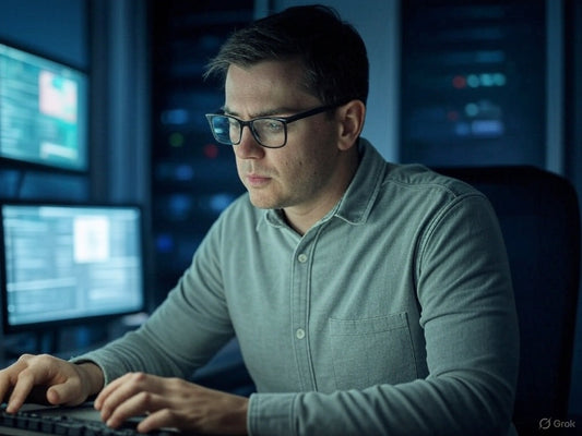 Cybersecurity expert analyzing AI security tools on multiple monitors.
