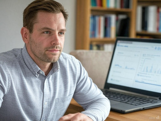 Professional analyzing AI SEO software dashboard on laptop screen.