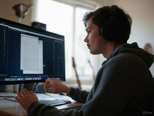 Music producer using AI songwriting software on desktop computer.