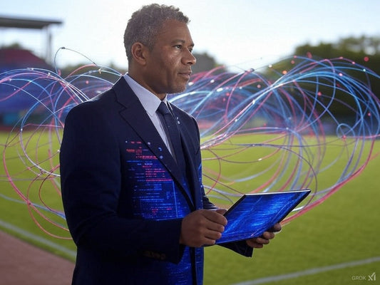 AI sports analyst using tablet with data streams at stadium, revolutionizing betting.