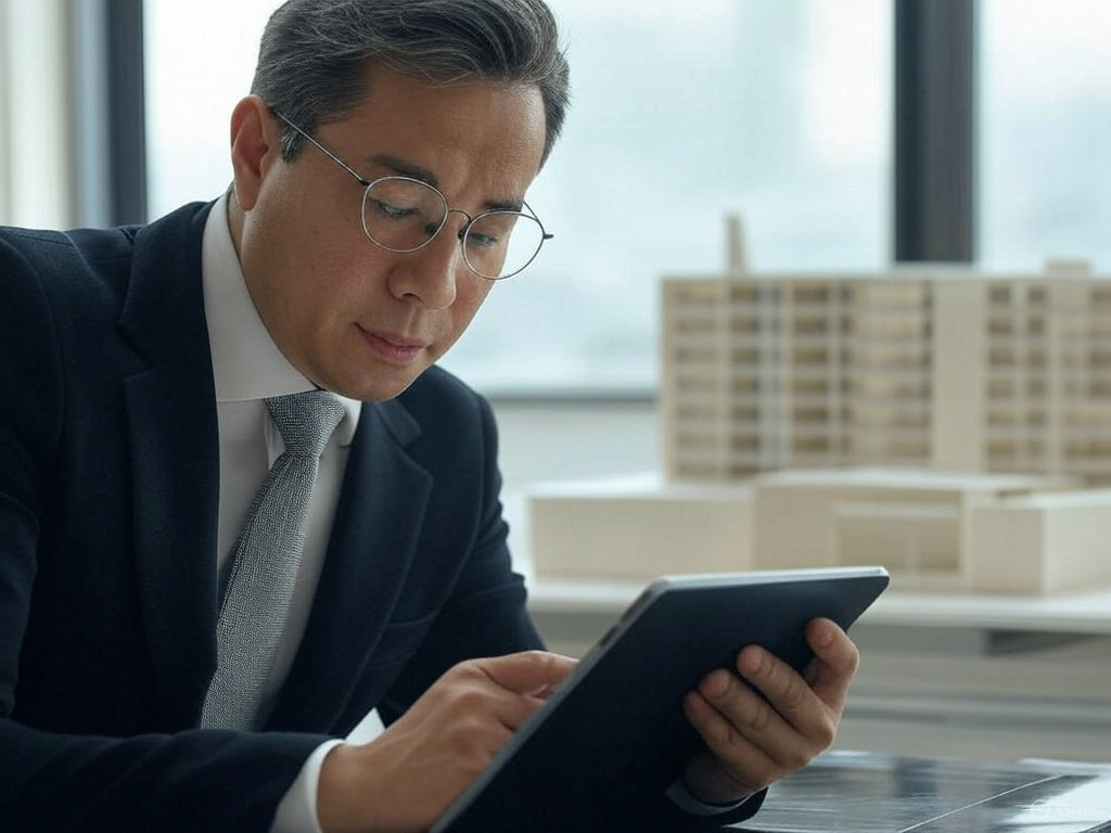 Architect using AI design tool on tablet in modern office setting