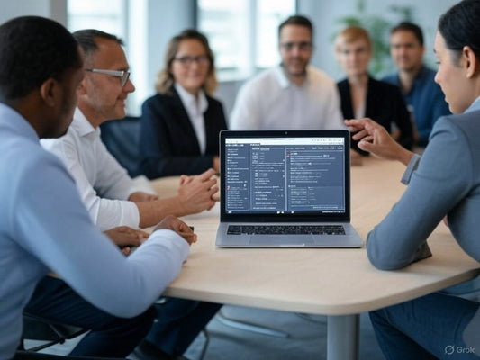 Business team discusses AI tools for growth around a laptop in office.