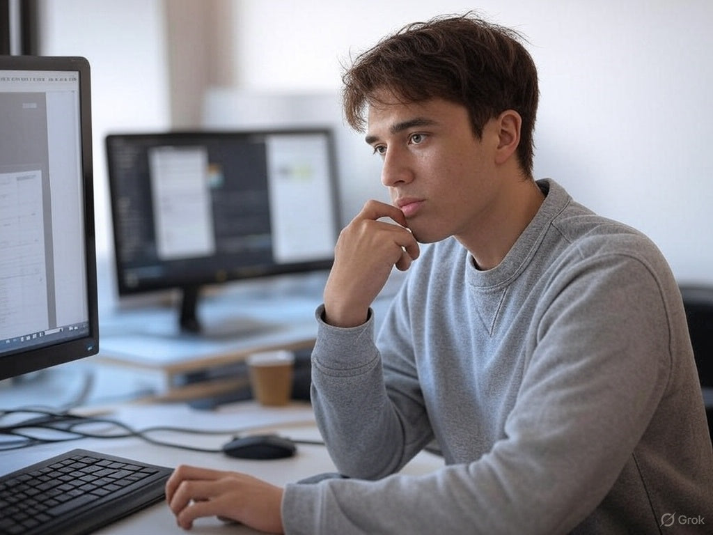 Focused developer using AI tools on dual monitors to boost coding productivity.