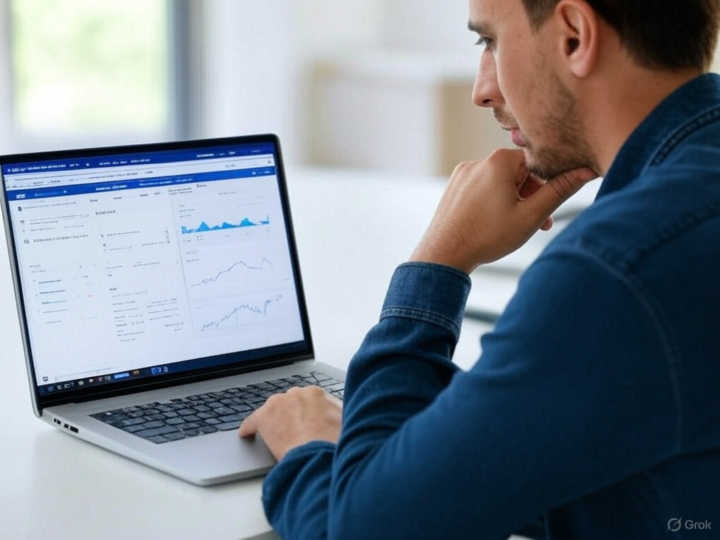 Marketer analyzing Facebook Ads performance using AI tools on laptop.