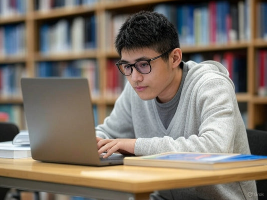Focused student using laptop in library for AI-powered higher education