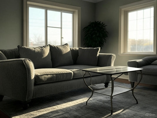 Stylish modern living room with gray sofa and glass coffee table