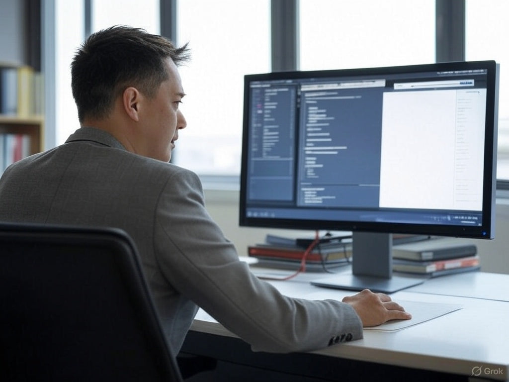 Business professional using AI lead generation software on desktop computer.