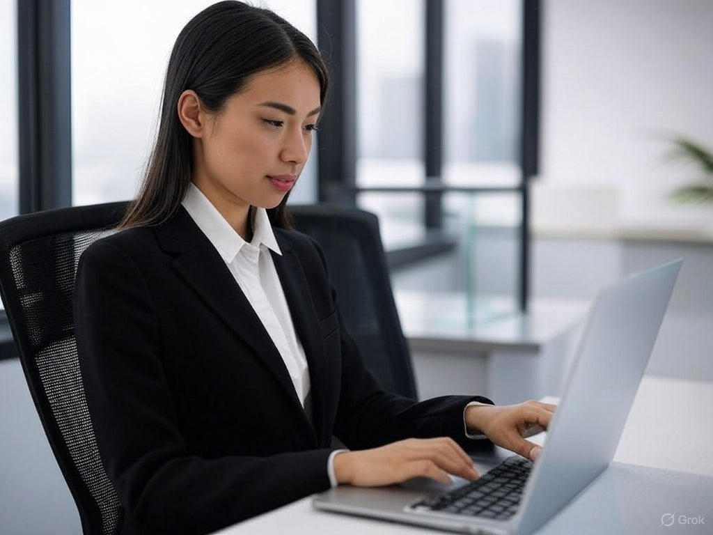 Professional woman using AI tools for public relations on laptop.