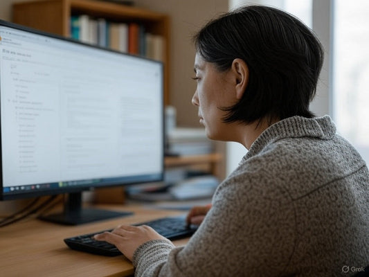 Fokusirani istraživač koristi AI alat na računaru za pisanje istraživačkog rada