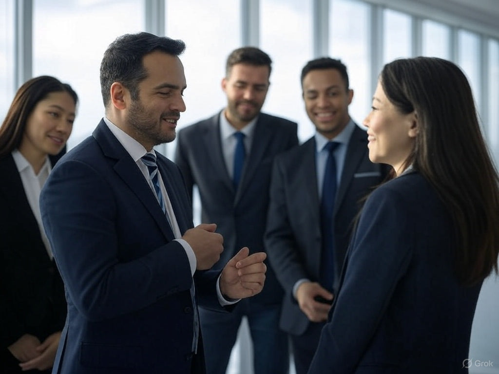 Business professionals discussing AI sales tools in a modern office.