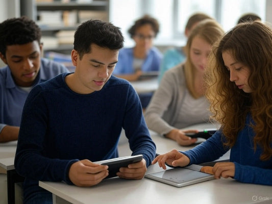 Students using tablets in class with AI tools for smarter studying.