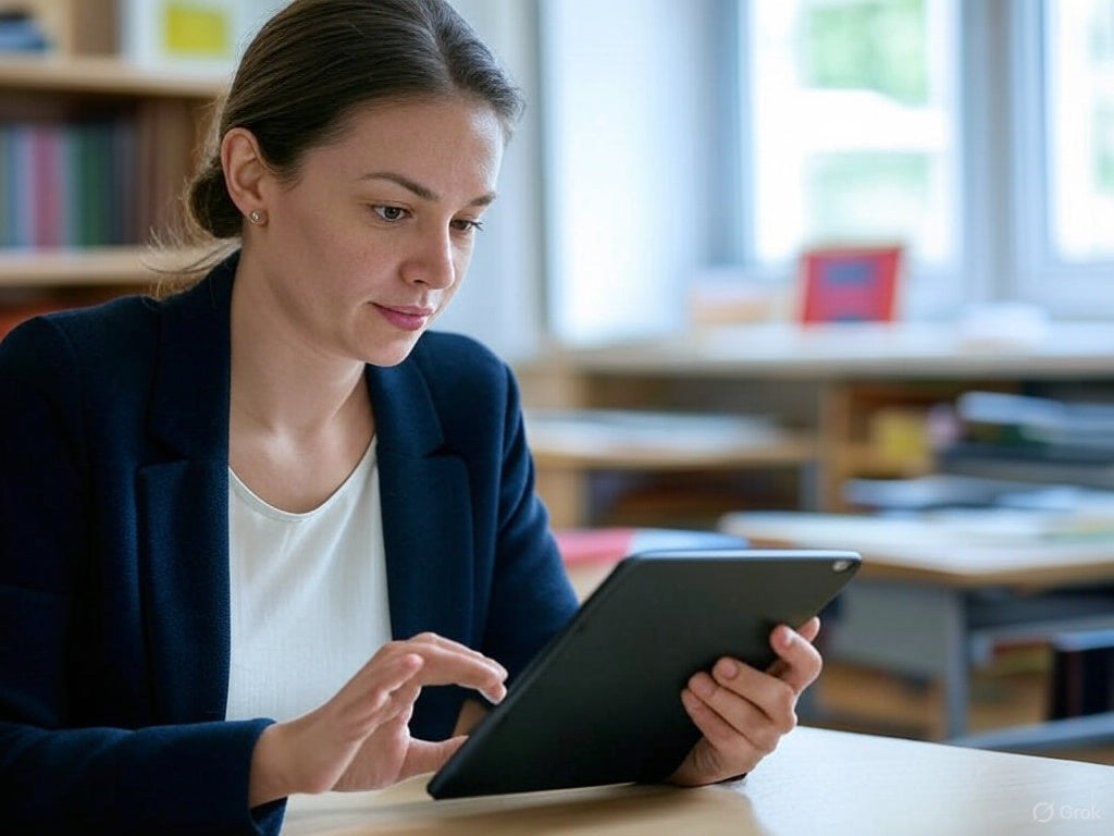 Focused teacher using tablet with free AI tools in classroom setting