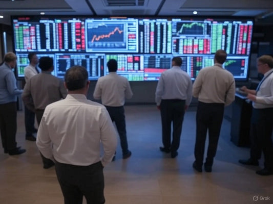 Traders analyzing AI trading tools on large digital stock market screens.