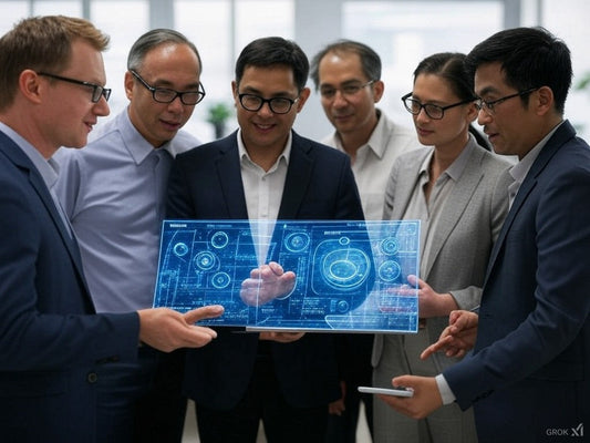 Business team explores AI digital interface for transformative solutions.