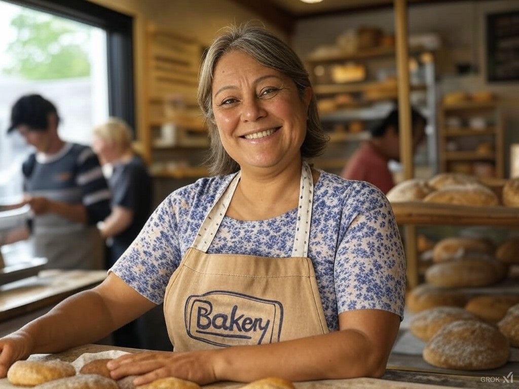 Smiling bakery owner in apron stands proudly behind fresh bread display.