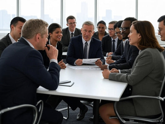 Business executives discuss AI strategy in a corporate boardroom meeting.