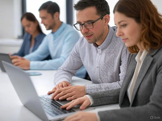 Professionals using AI tools on laptops for B2B business operations.