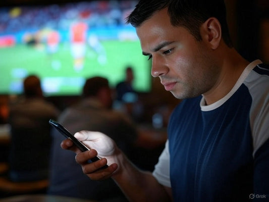 Man using sports betting AI app on smartphone during live game.
