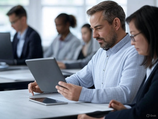 Recruiters using AI sourcing tools on tablets in a modern office setting