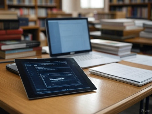 AI research tools on tablet and laptop in academic library setting