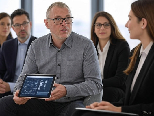 Business team discussing affiliate marketing analytics on a tablet.