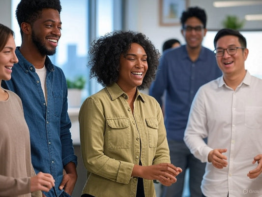 Diverse team smiling and collaborating in modern office setting