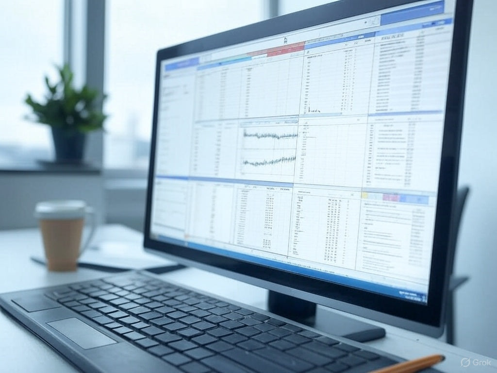 Computer screen displaying Excel spreadsheets with AI tools in office setting.