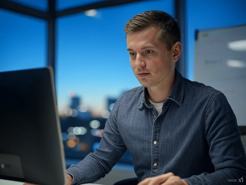 Focused man using free AI tools for data analysis at night office.