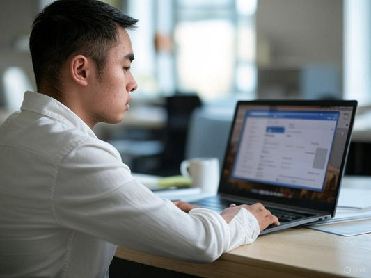 Focused man using free AI tools on a laptop in a modern office setting.