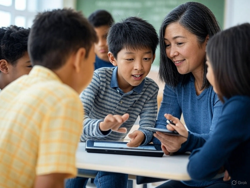 Teacher using AI tools on tablet with engaged students in classroom.
