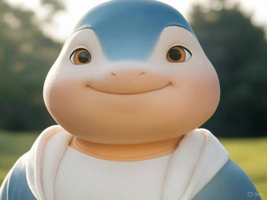 This image features a cute, animated character with a large, round face, big brown eyes, and a wide, friendly smile. The character has a smooth, blue and white skin tone, resembling a blend between a cartoon animal and a plush toy. 