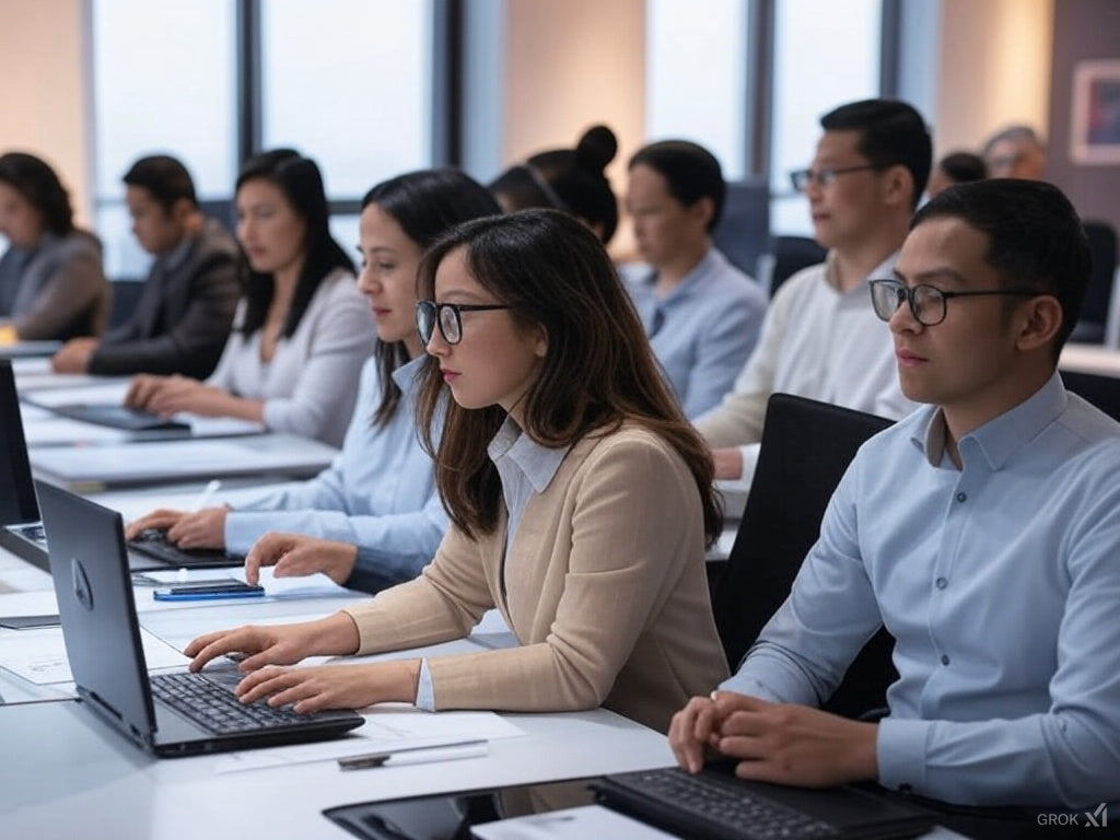 Professionals using AI tools for automated data entry in a modern office.