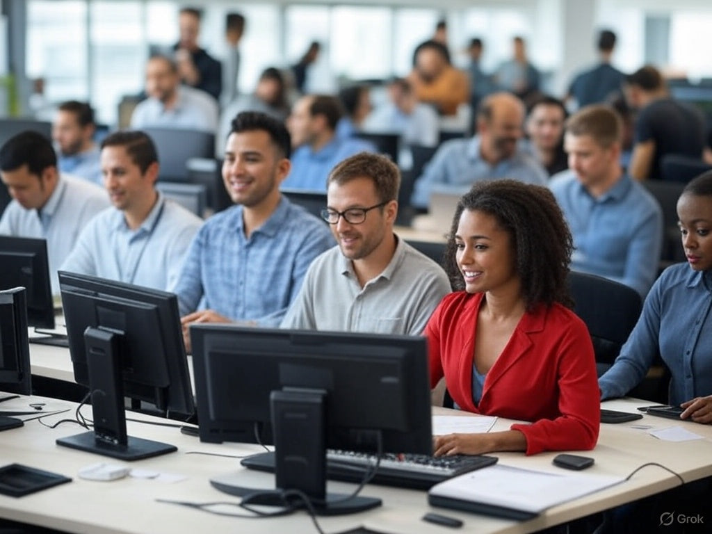 Professionals using enterprise generative AI tools in a modern office.