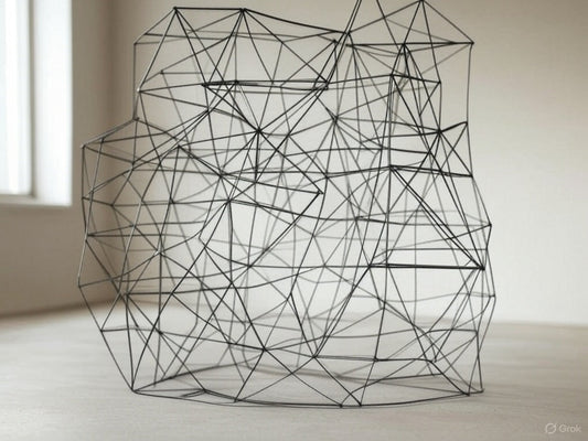 Abstract geometric wireframe sculpture with complex polygonal shapes.