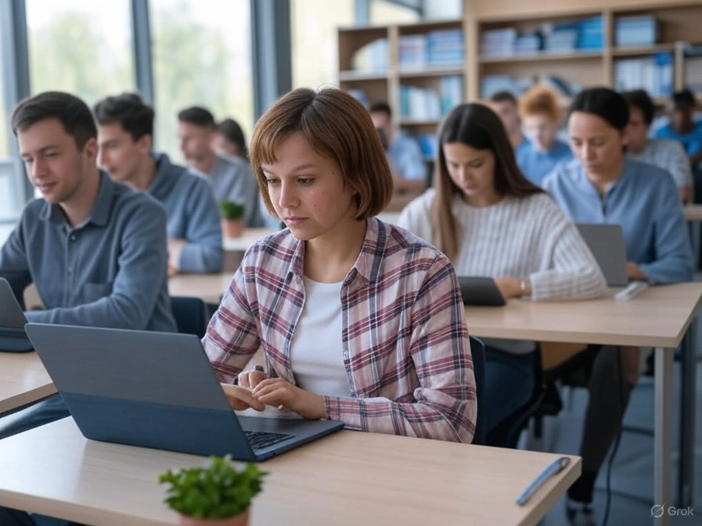 Students using laptops in classroom with free AI study tools.