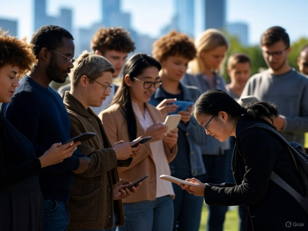 Diverse group using free AI tools like ChatGPT on smartphones outdoors.