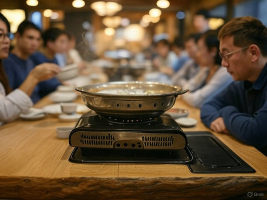 People gathered around a hotpot meal at a restaurant table.