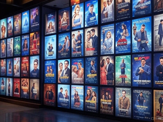 Wall of vibrant movie posters showcasing diverse genres and characters.