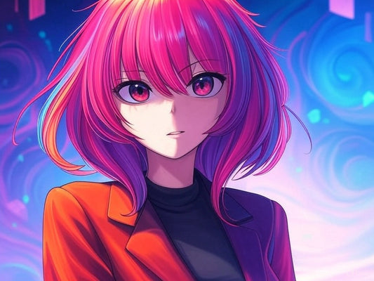 Anime-style AI companion with vibrant pink hair and glowing purple eyes in a neon-lit world.
