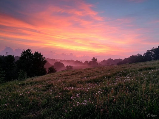 The image showcases a breathtaking sunset over a grassy meadow. The sky is painted in vibrant hues of pink, orange, and purple, casting a warm glow over the landscape.
