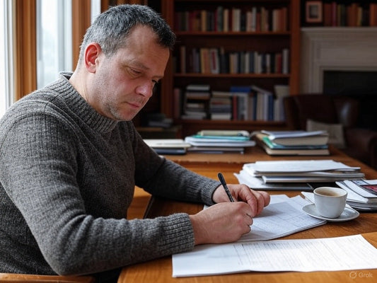 The image shows a man sitting at a wooden desk in a cozy, book-filled room. He is focused on writing or reviewing documents, with a pen in hand and several papers spread out in front of him. 