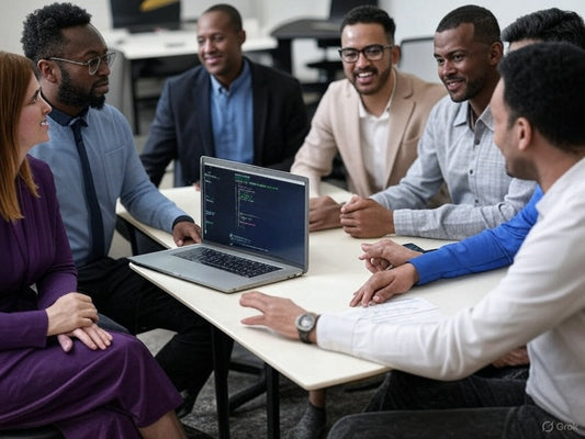 Diverse team discussing open source AI tools around a laptop.
