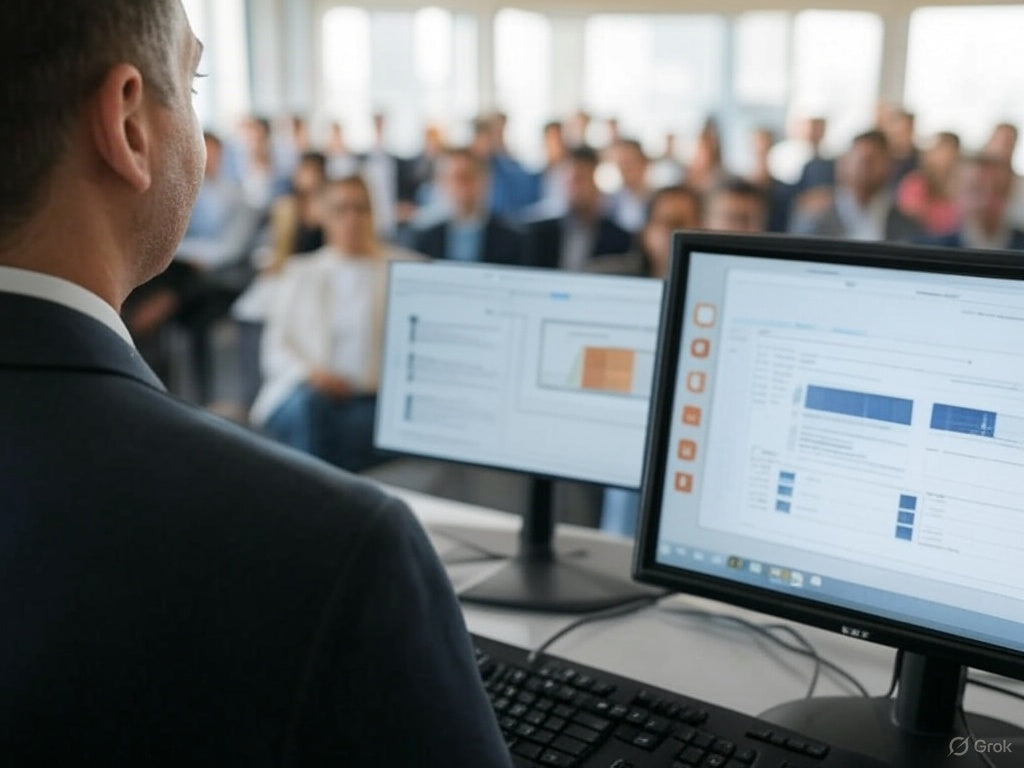 Profissional da área de negócios usando o PopAi para apresentar slides gerados por IA para o público.