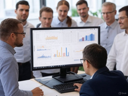 Team analyzing data dashboards using Power BI AI tools in office setting.