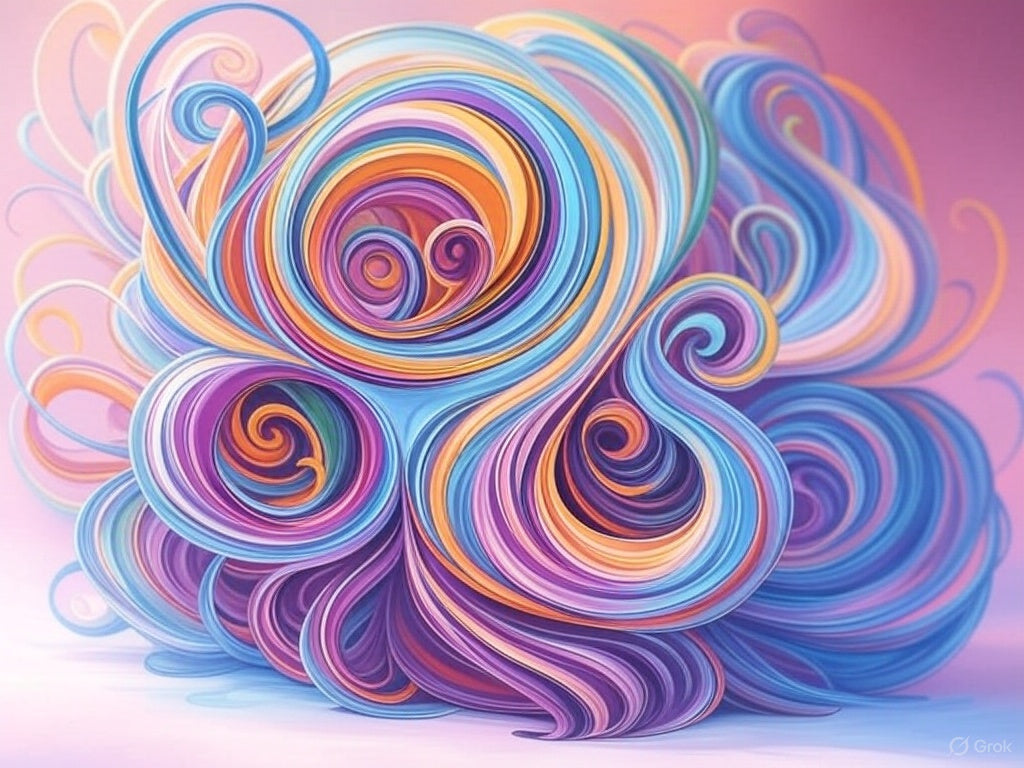 Živahni apstraktni vrtlozi generirani umjetnom inteligencijom u pastelnim i neonskim bojama.