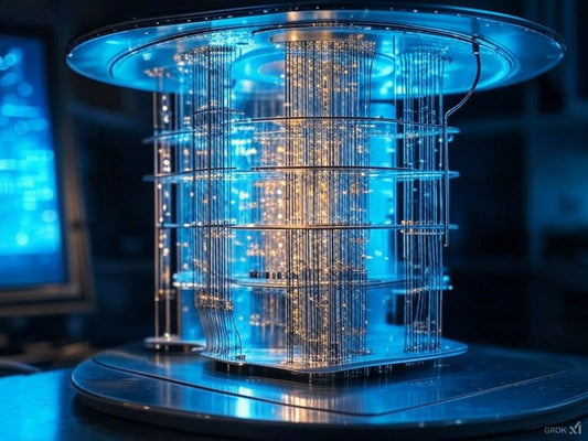 Futuristic Quantum Processing Unit glowing with blue AI computing lights