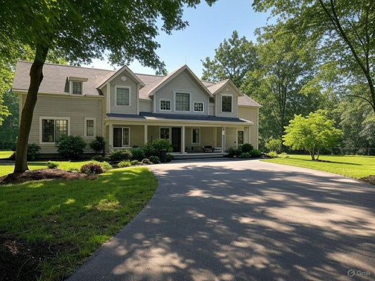 Elegant suburban home with large front yard and curved driveway