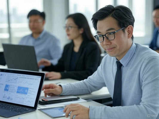 Business professionals using SAP AI tools for data analysis and operations.